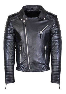 Trend Matelassé Hommes Peau de Mouton Véritable Cuir Veste Éclair Motard Moto Cintré 