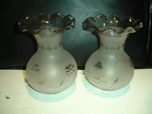 ANTIQUE 2 FROSTED GLASS w/ETCHED FLOWER DESIGN & CLEAR GLASS TOP LAMP SHADES