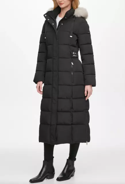 DKNY WOMENS BLACK Faux Fur Trim Hooded Maxi Puffer Coat B5602 Size ...