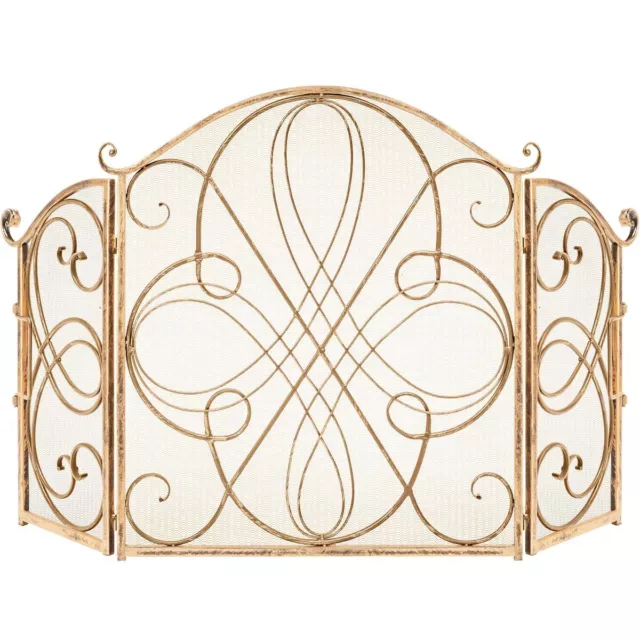 Gold decorative scroll wrought iron fireplace safety screen: 3-Panel 55"W x 33"H