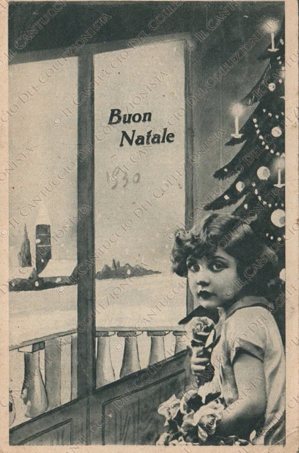 1939 Buon Natale Bambina con fiori e panorama innevato Cartolina