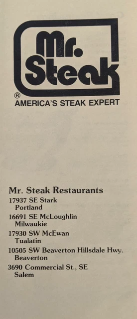 1970's Menu Mr. Steak America's Steak Expert Restaurant Oregon Chain