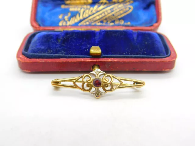 9ct Yellow Gold, Garnet & Diamond Floral Brooch Vintage 1969 London