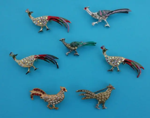 Lot of 7 Pheasant Peacock Bird Pins Brooch Enamel Missing Rhinestones Vintage