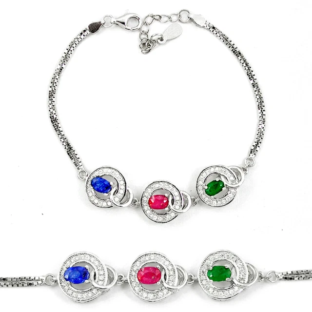 Jaipur Silver Natural Blue Sapphire Emerald Ruby Silver Tennis Bracelet C19655 Jaipur Silver Natural Blue Sapphire Emerald Ruby Silver Tennis Bracelet C19655