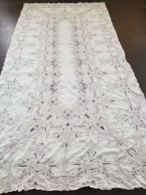 Vintage Long Cream Madeira Embroidered Cutwork Table Cloth 326x160cm