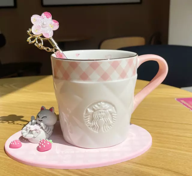 New Starbucks Pink Sakura Ceramic Coffee Mug Milk Cup Stirring Stick or Coaster