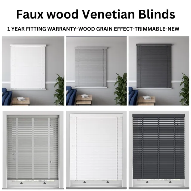Faux Wood Venetian Blinds 50Mm White Wood Wooden Window Blind Easy Fit Trimable