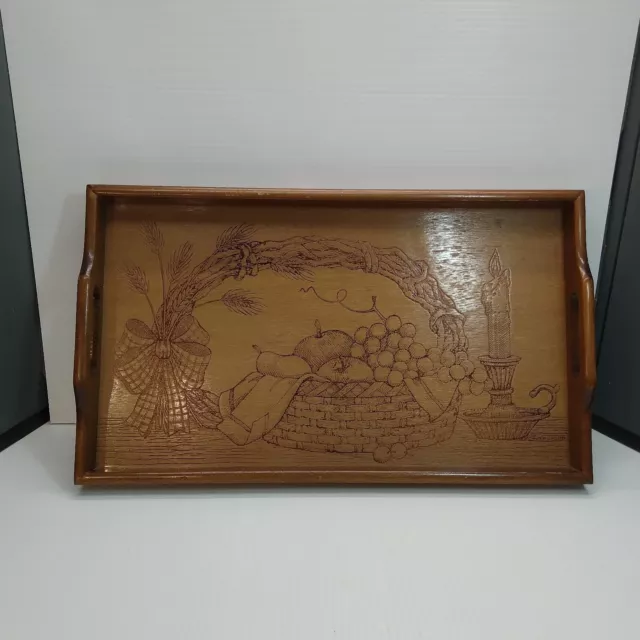 Vintage Carved Etched Wooden Snack Serving Tray Fruit Basket House of Lloyd 1983