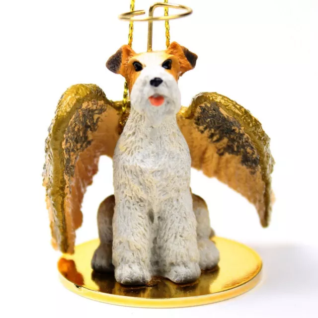 Fox Terrier Ornamento Angel Figurina Dipinto a Mano Filo Capelli