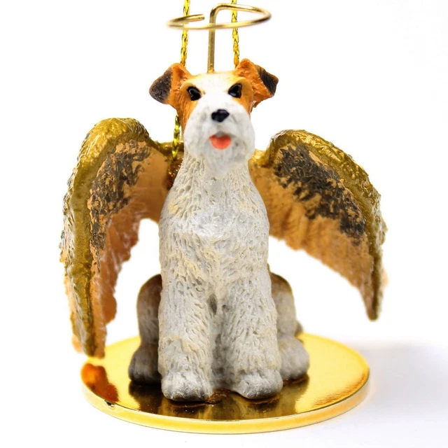 Fox Terrier Ornamento Angel Figurina Dipinto a Mano Filo Capelli