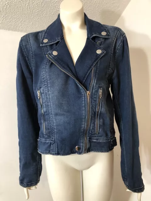 BlankNYC Womens Medium Denim Blue Jeans Jacket Moto Soft Stretch Zippers Snaps