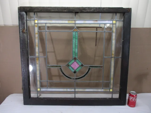 Vintage OVER-SIZED Leaded Stained Glass Window Pane in Wood Frame 34" x 32"