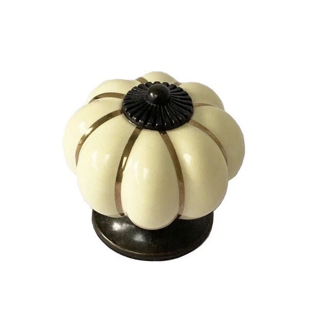 Off White / Cream Ceramic Door Knobs Vintage Pumpkin Style Cabinet Drawer Pulls