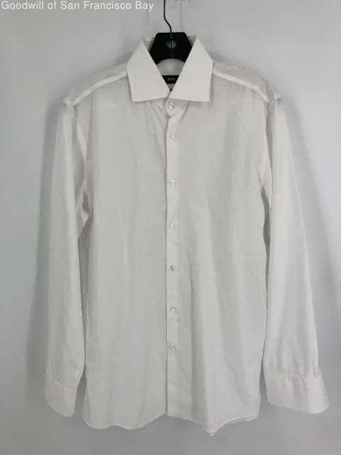 Boss Hugo Boss Mens White Cotton Long Sleeve Sharp Fit Button Up Shirt Size 15.5