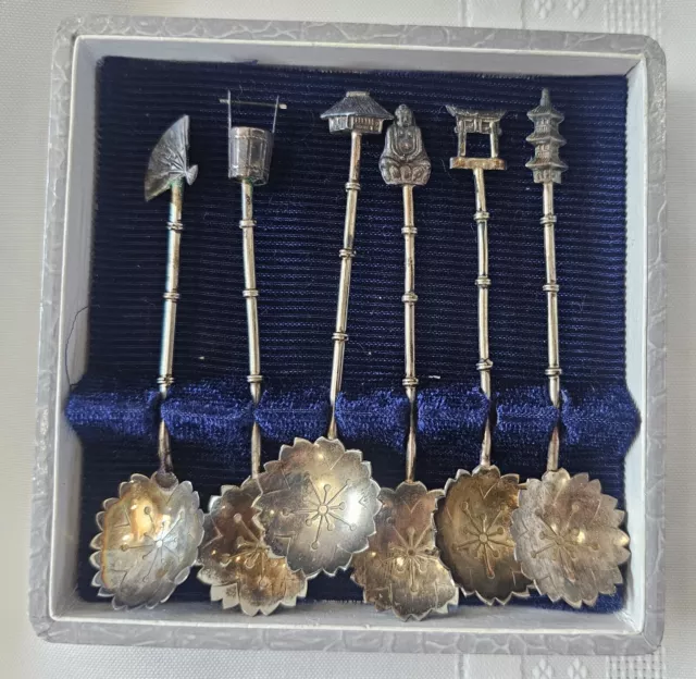 Set of 6 Vintage Sterling Silver Demitasse Asian Design Spoons W/ Box