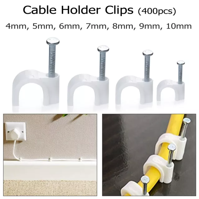 400 x Round White Stays Wire Tidy Cable Clips 4mm 5mm 6mm 7mm 8mm 9mm 10mm