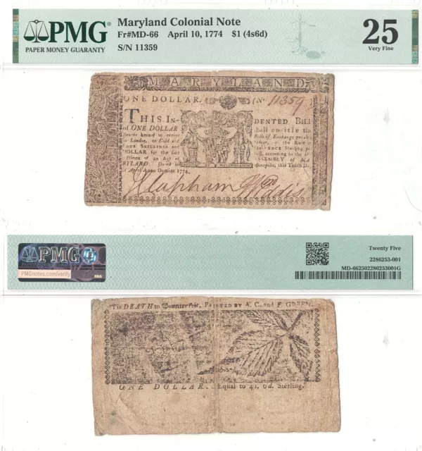 April 10, 1774 $1 Maryland Colonial Note Fr MD-66 PMG Very Fine-25