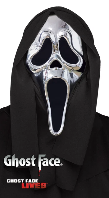 Chrome Silver Ghost Face Adult Costume Mask w/ Hood Accessory NEW Scream