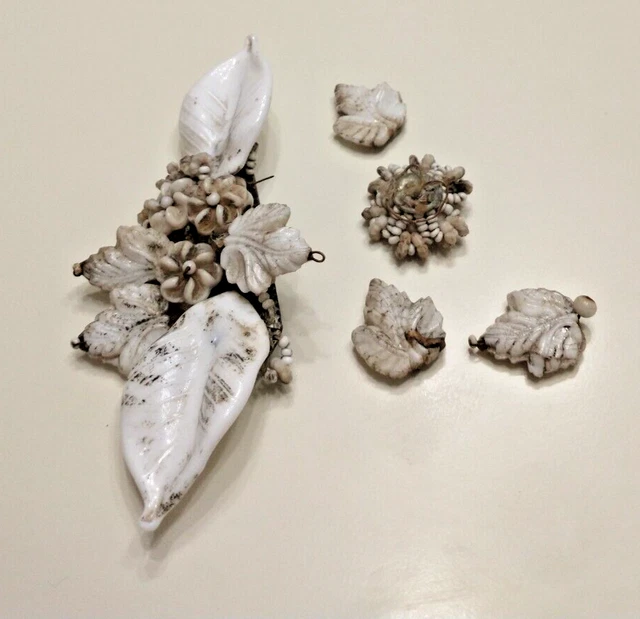 Vintage Brooch ~ Floral Leaf Sand And White Color Milk Glass