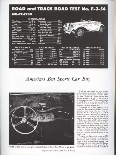 Road & Track Article Reprint from March 1954 -- Road Test F-3-54 MG-TF-1250 --