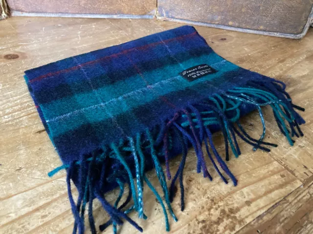 Fraser Scott 100% Lambswool Tartan/Check Scarf With Fringes Greens and Blues