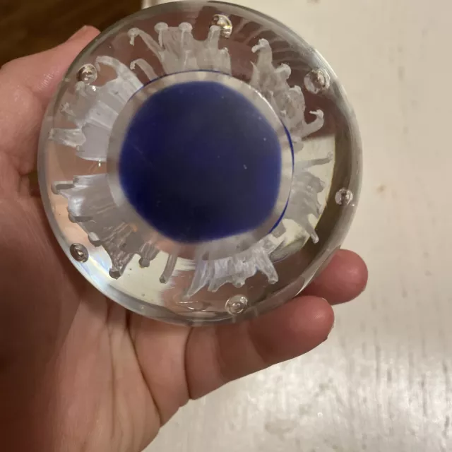 Startburst Art Glass Paperweight - Blue & White Bubbles Hand Blown 3