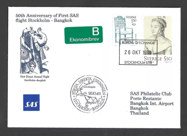 Sweden 1949 50th Anniversary of First SAS flight Stockholm to Bangkok cover