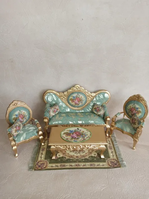 Dolls house Sofa Chairs 3 piece suite coffee table rug Rococo French ornate