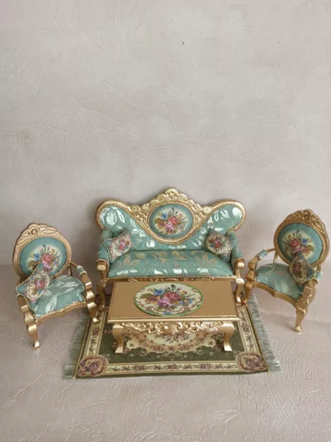 Dolls house Sofa Chairs 3 piece suite coffee table rug Rococo French ornate Dolls house Sofa Chairs 3 piece suite coffee table rug Rococo French ornate