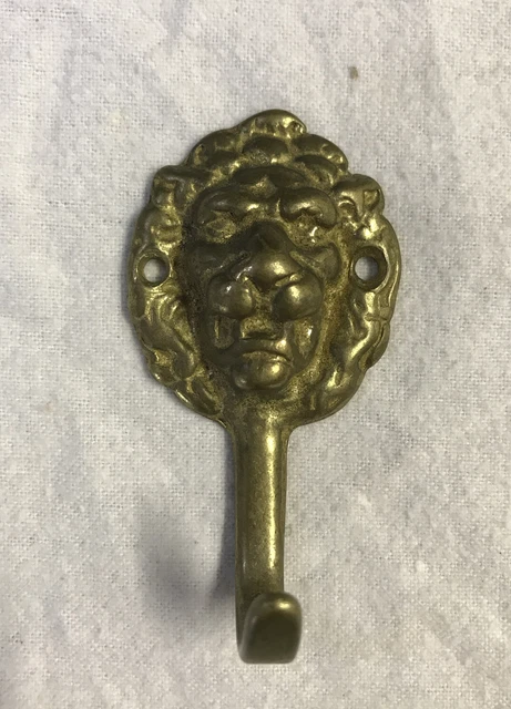 Antique Vintage Solid Brass Lion Head Wall Coat Hook 2-3/4" Tall Hanger
