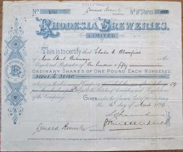 Rhodesia Breweries 1899 Beer Stock Certificate, Africa African Brewery