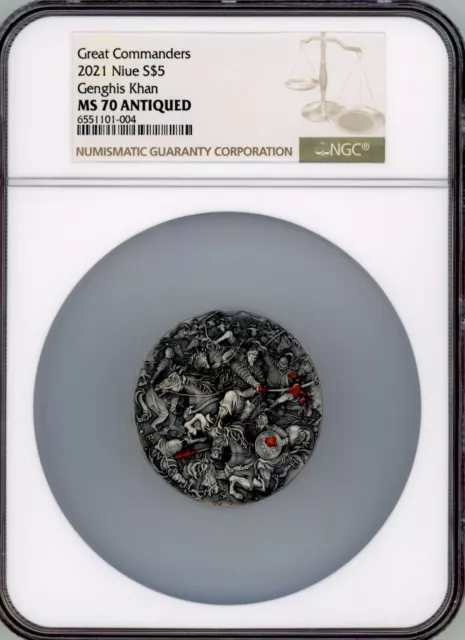 2021 NIUE Great Commanders  Genghis Khan  5$ Silver coin 2 oz NGC 70