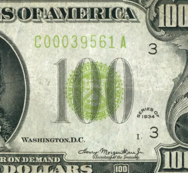 (( FIVE DIGIT )) $100 1934 LGS LIME ((LIGHT GREEN SEAL)) Federal Reserve Note