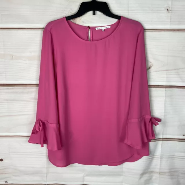 Violet & Claire Top Womens Large Pink Bell Sleeve Blouse Pullover Solid Woven