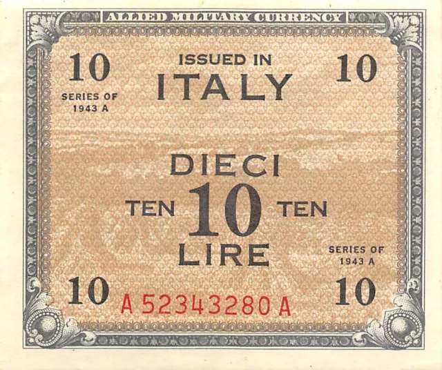 Italy  10  Lire  Series of 1943 A  Block  A  WW II Issue  Circulated Banknote IV