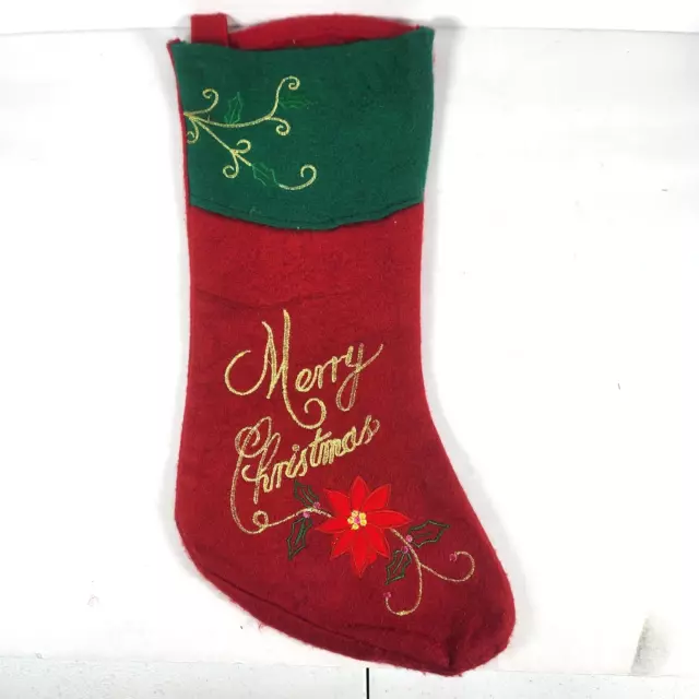 Vintage Homemade Christmas Felt Stocking Poinsettia Red Green Handmade Toy Sack