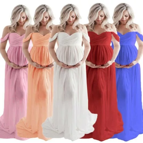 Womens Pregnancy Off Shoulder Maxi Dress Maternity Photography Photo Shoot Gown