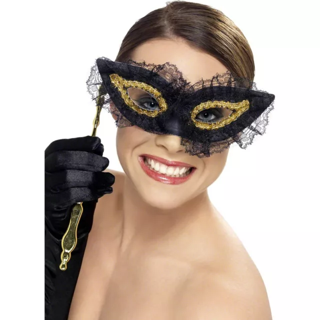 Venezianische Maske mit Spitze schwarz Stabmaske Spitzenmaske Stab Ballmaske