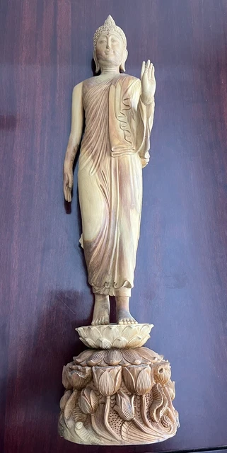 Carved Sandal Wood Buddha Statue from Burma Temple, blessed by Monks 22”