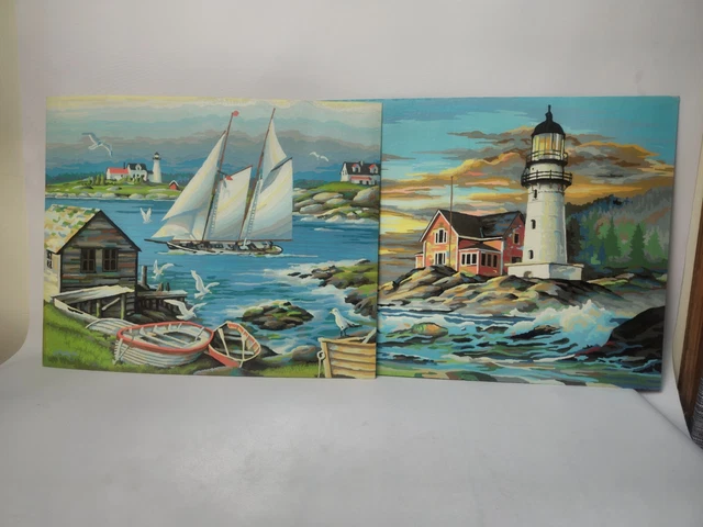 2 Vtg Paint By Number Paintings Lighthouse Sailboat Seascape Ocean Nautical Gull