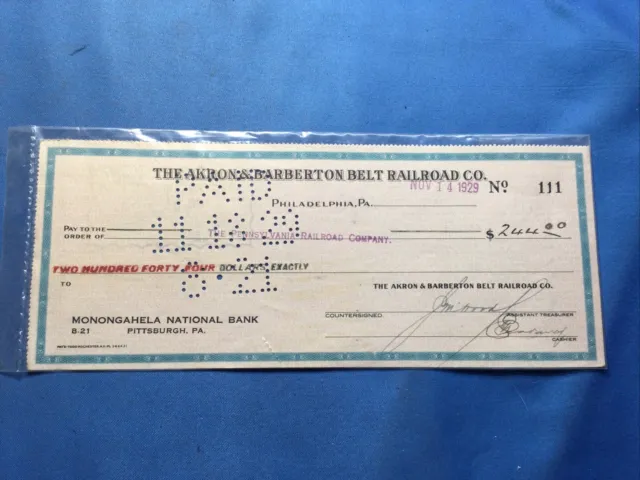 1929 Akron & Barberton Belt Railroad Co. Bank Check