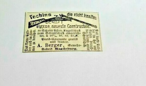 Uralte kleine Reklame Werbung 1877, Gewehrfabrik Berger Magdeburg