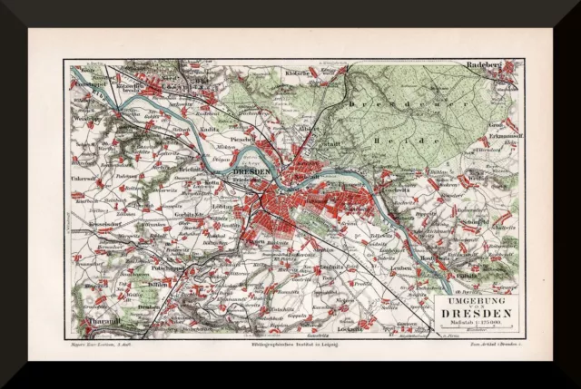 +Umgebung von Dresden+ historischer Plan 1895 +Dresdener Heide,Tharandt,Weißig+