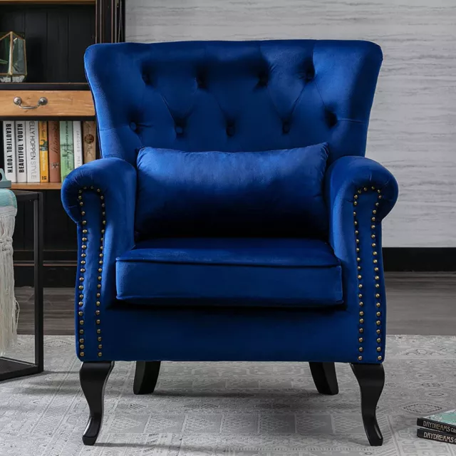 Navy Blue Velvet Queen Anne Chairs Chesterfield Wing Back Tufted Accent Armchair