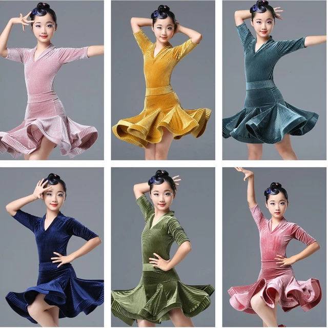 Velluto Bambina Ruffles Vestito Costume Danza Abiti per la Latino Tango