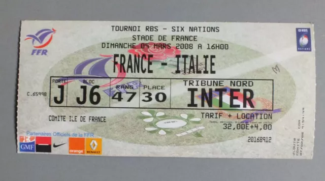 Ticket - Billet De Rugby - France Irlande - Six Nations - 9 Fevrier 2008