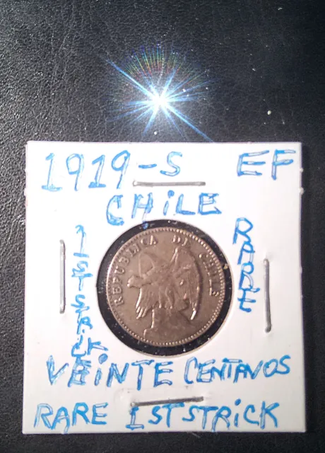 1919 Chile Rare 1St Stike Veinte Centavos Coin In Ef Like Condition