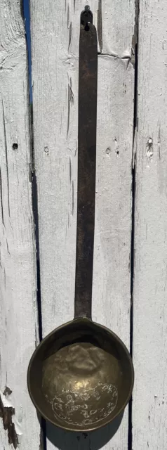 Early Antique Brass & Wrought Iron Ladle Rat Tail,  Primitive Farm Chic 20”