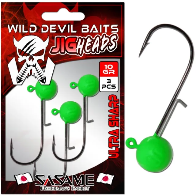 Wild Devil Baits Pro Japan Jig Head UV Green Jigkopf Baitholder Jighaken Blei...
